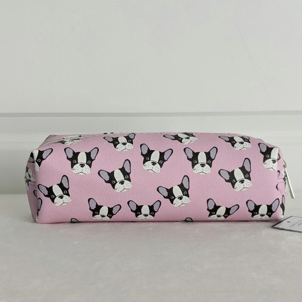 Boston Terrier Frenchie Small Cosmetic Pencil Case PVC Saffiano Pink NWT